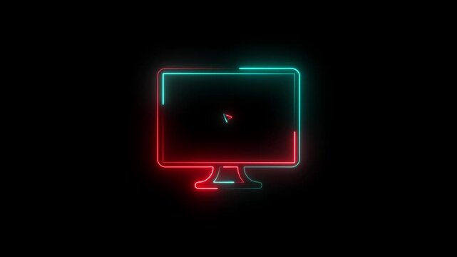 A sleek, minimalist digital illustration of a computer monitor featuring vibrant teal and red neon outlines against a dark, pitch-black background, perfect for technology and gaming themes.