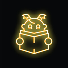 Fototapeta premium Yellow neon sign of a cute monster with horns reading a book, on a black background