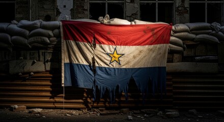 Obraz premium Torn National Flag Symbolizing Resilience in Conflict