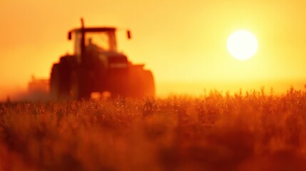 Fototapeta premium Tractor working in the field during sunset on a warm evening