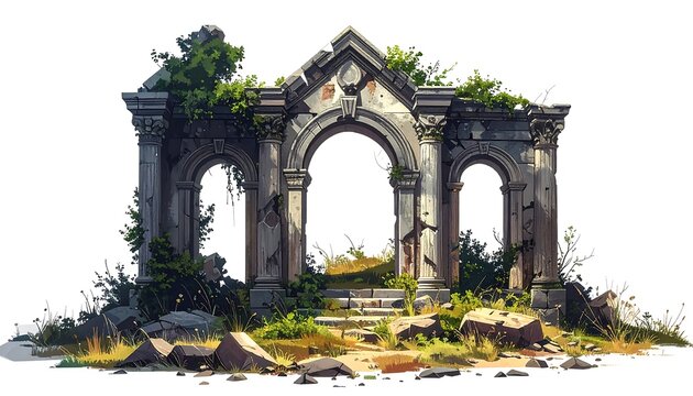 A weathered stone archway ruin, overgrown with greenery and nestled amidst rocks and grass. Sunlight touches the crumbling facade