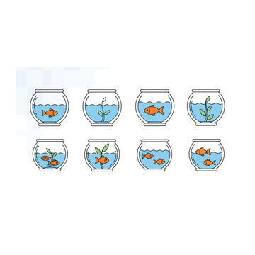 Goldfish in Different Bowls & Habitats Icon Set for Pet Store