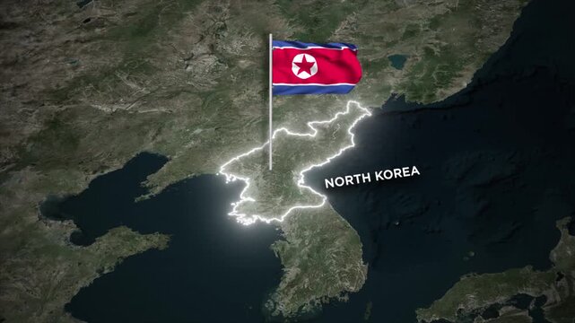 North Korea Map Animation with 3D Waving of North Korea National Flag Animation on Satellite Earth Map