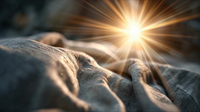 White linen canvases in the background of the luminous Holy sepulchre. Easter. Resurrection.