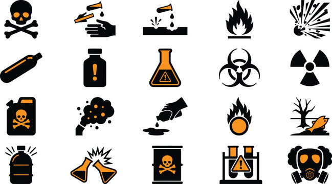 Toxic warning symbols icons set including biohazard radioactive poison warning signs and explosive warning symbols on white background