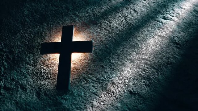 A Christian cross on a dark background in artificial lighting. A modern Christian concept.