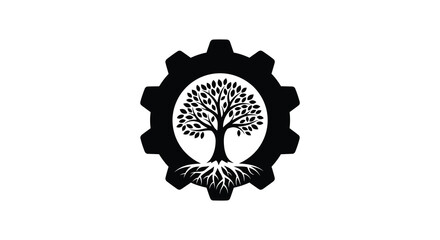 A striking black design featuring a tree within a gear symbolizing growth and mechanics a bold silhouette © Ajahar