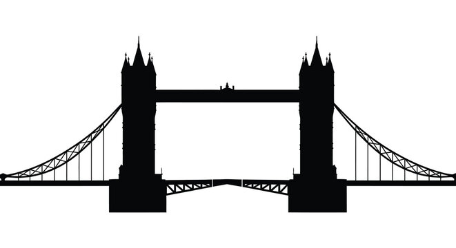 A striking black silhouette of tower bridge against a plain white background showcasing iconic london architecture silhouette