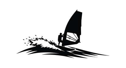 A dynamic black silhouette of a windsurfer riding a wave with splashing water a striking visual silhouette © Ajahar