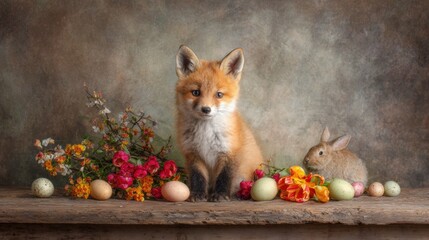 Fototapeta premium Fox and rabbit sit with flowers and eggs on wooden table in spring setting