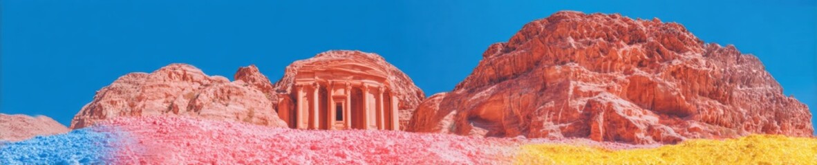 Fototapeta premium Ancient rock carved treasury facade standing in a desert mountain landscape with colorful foreground sand, historic middle eastern architectural landmark for travel