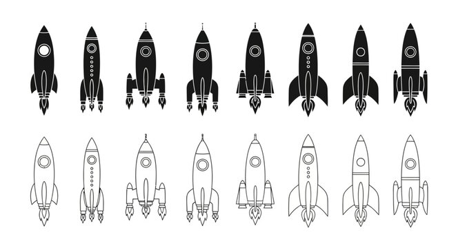 Collection of stylized rocket ships in silhouette and outline, showcasing diverse designs for space exploration and science fiction themes, in a minimalist vector art style.