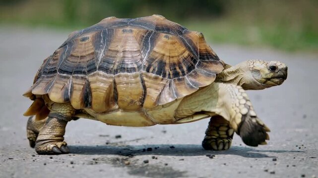 African Spurred Tortoise Walking on an Asphalt Road Surface turtle sulcata tortoise