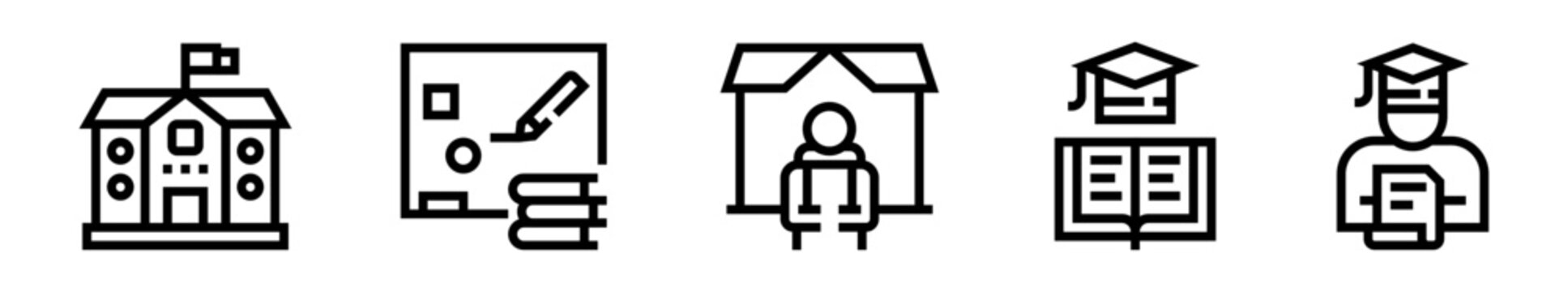 Conjunto de iconos de escuela. Educaci&oacute;n acad&eacute;mica, formaci&oacute;n estudiantil, aprendizaje institucional, desarrollo educativo, logro acad&eacute;mico. Ilustraci&oacute;n vectorial lineal