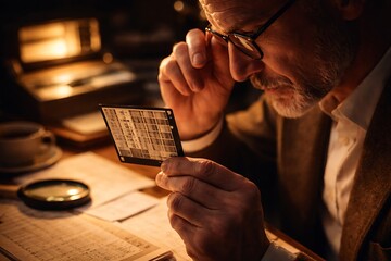 Senior Man Examining Microfiche in a dimly lit study
