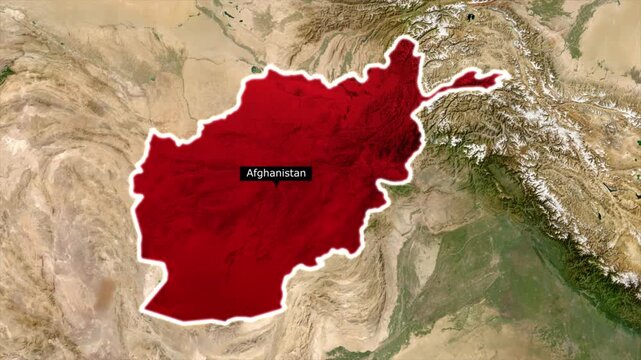 Afghanistan map highlighted animation video. Country location marked with red overlay and geographic terrain map background