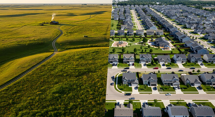 Naklejka premium Juxtaposition of rural prairie landscape and suburban housing development