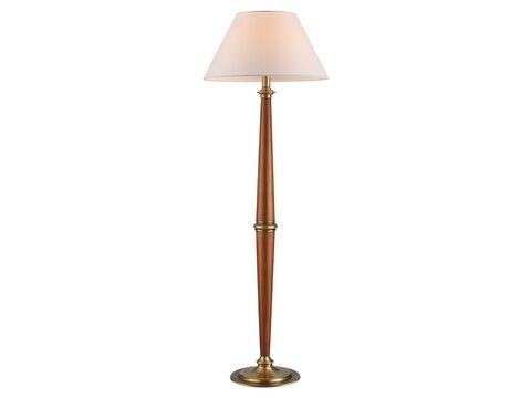 A tall wooden floor lamp with a white conical lampshade and antique brass accents on a white background