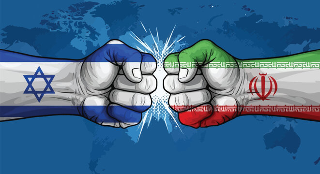 Clashing fists representing the political conflict and tension between israel and iran countries on a global map background