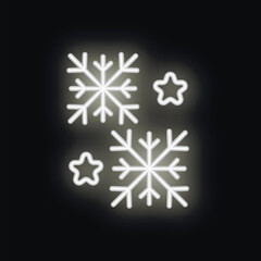 Fototapeta premium White neon sign showing two snowflakes and two stars is glowing on black background