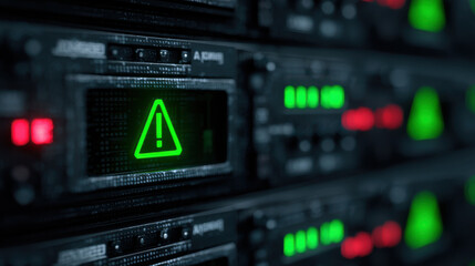 Fototapeta premium Cyber security alert warning technology computer server rack network data hardware caution danger information glowing green red sign triangle