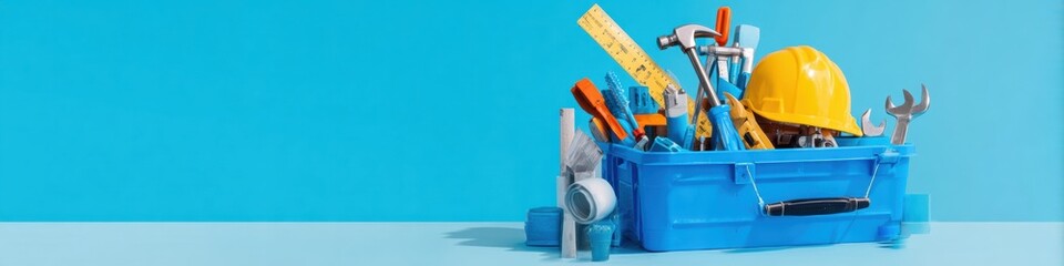Construction tools and equipment set in a blue toolbox for builder branding and home repair concepts on a turquoise background with large copy space for text