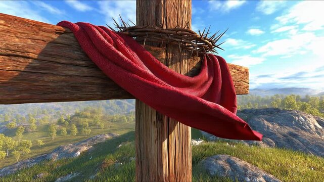 A cross, a purple robe and a crown of thorns on Mount Golgotha. The Christian concept.