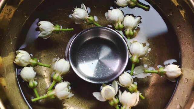 White Jasmine Flower Buds Arranged Around A Metal Bowl floating