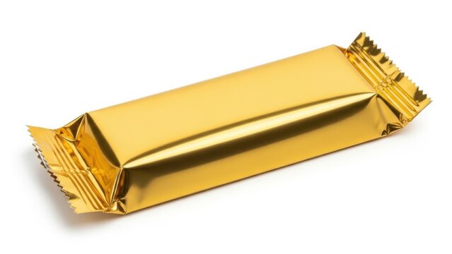 A golden chocolate bar with a shiny wrapper on a white background.