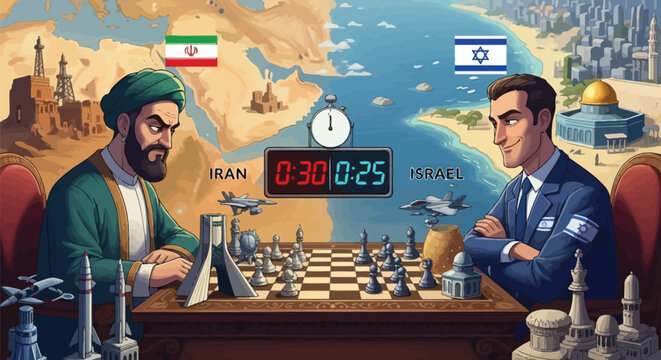 A captivating chess match symbolizing geopolitical tension between Iran and Israel with a desert map background and military elements