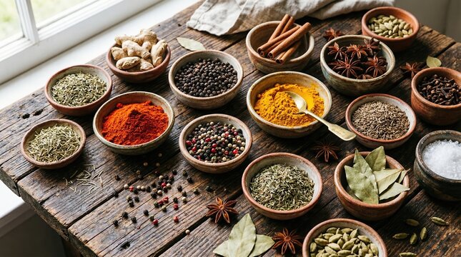 Variety of colorful spices and herbs in small bowls on wooden table