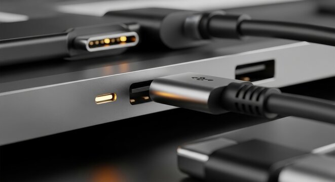 Close up of a USB-C cable connecting to a laptop hub
