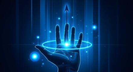 Glowing hand with blue aura and particles in dark background