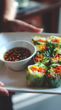 Fresh spring rolls with dipping sauce and fresh herbs on a plate