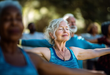Adultos mayores practicando ejercicios de bienestar al aire libre con los brazos extendidos. Un grupo de adultos mayores participa en un ejercicio de bienestar o meditación al aire libre. 