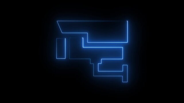 Abstract neon blue color outline of a security camera against a black background cc tv surveillance. 4k animation video.