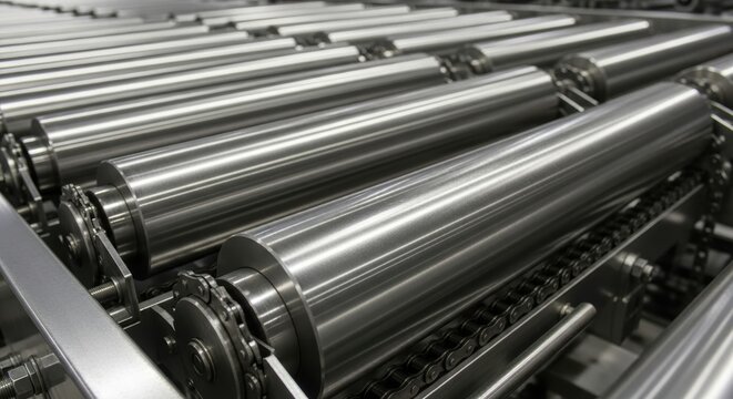 Industrial metal rollers arranged in a manufacturing or production facility