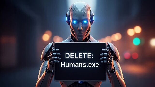 Robot Holding Delete Humans Dot Exe Sign Futuristic Cityscape Background Blue Glowing Eyes Metallic Body