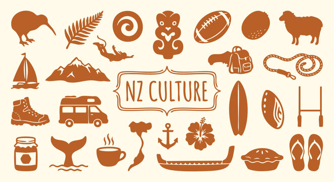 New Zealand culture doodle set. Kiwi bird, silver fern, maori tiki and rugby gear. Hand drawn brown sketch icons. Vector isolated illustration collection.