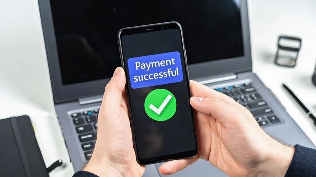 Successful online payment on smartphone with green checkmark and hands holding device in front of laptop on white desk