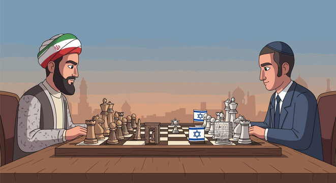 Iranian diplomat playing chess with Israeli representative symbolizing political tension and strategic rivalry across Middle East border backdrop with cultural architecture