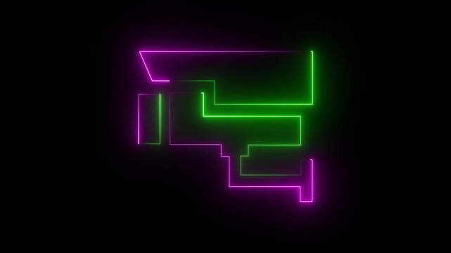Abstract neon green and purple color outline of a security camera against a black background cc tv surveillance. 4k animation video.