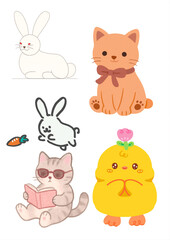 Obraz premium Cute Hand-Drawn Animal Sticker Set with Cat, Rabbit, and Chick Illustrations