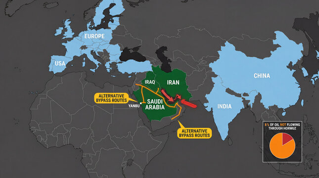 Geopolitical map highlights global oil trade routes, focusing Middle East. Key countries like Saudi Arabia, Iran, and Iraq are marked, with alternative bypass routes shown. pie chart indicates oil