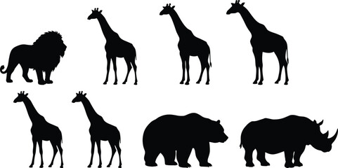 Lion silhouette, giraffe design, bear shape, rhinoceros art, wildlife animals, nature species, safari mammals, black graphic, animal icons, flat vector illustration © BlendCraft