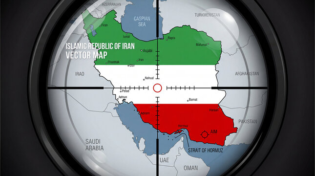 Vector map of Islamic Republic of Iran in colors of national flag, featuring major cities and geographical landmarks, viewed through scope for focused perspective