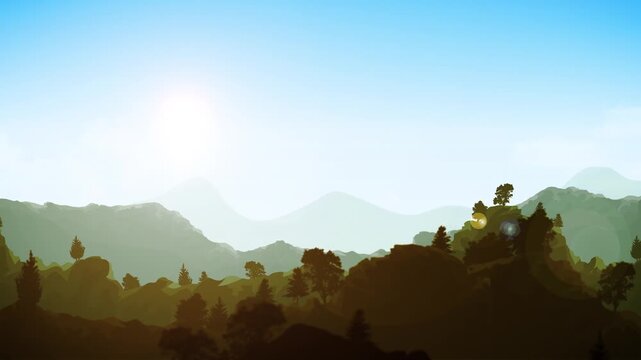 Spring Mountains Landscape Animation
spring season background with wild mountains landscape animation made up of sky and sun shining on a parallaxe motion effect