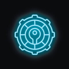 Blue neon gear wheel glowing on a black background, representing concepts like technology, industry, and mechanics