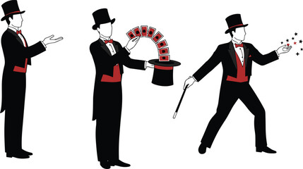 Magician illustration, magic show, card trick, wand spell, illusionist art