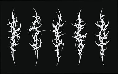 Set of dark cybersigilism and neo-tribal vector illustrations, sharp spiky abstract icons for modern gothic tattoo designs, A set of striking cybersigilism abstract shapes. These black neo-tribal. © Candra Fiction